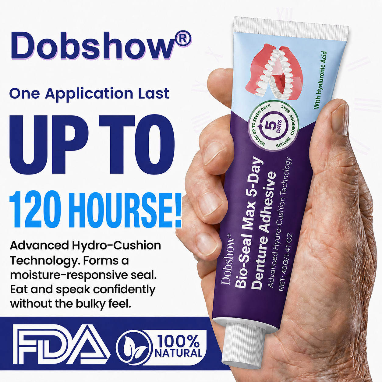 🔥LIMITED SPECIAL OFFER🔥Dobshow® Bio-Seal Max 5-Day Denture Adhesive🦷💙 FDA Certified (Clinically Proven 120-Hour Hydro-Cushion Hold for Secure, Soothing & Zinc-Free Denture Fit)