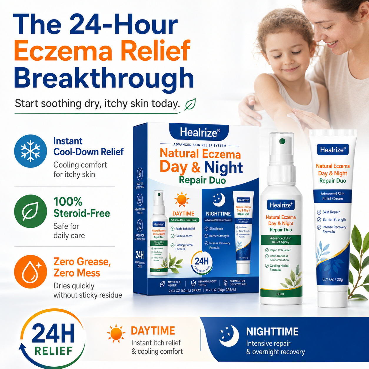 🌿🏆Healrize® Natural Eczema Day & Night Repair Duo – 100% Steroid-Free Soothing for Intense Itch & Barrier Repair