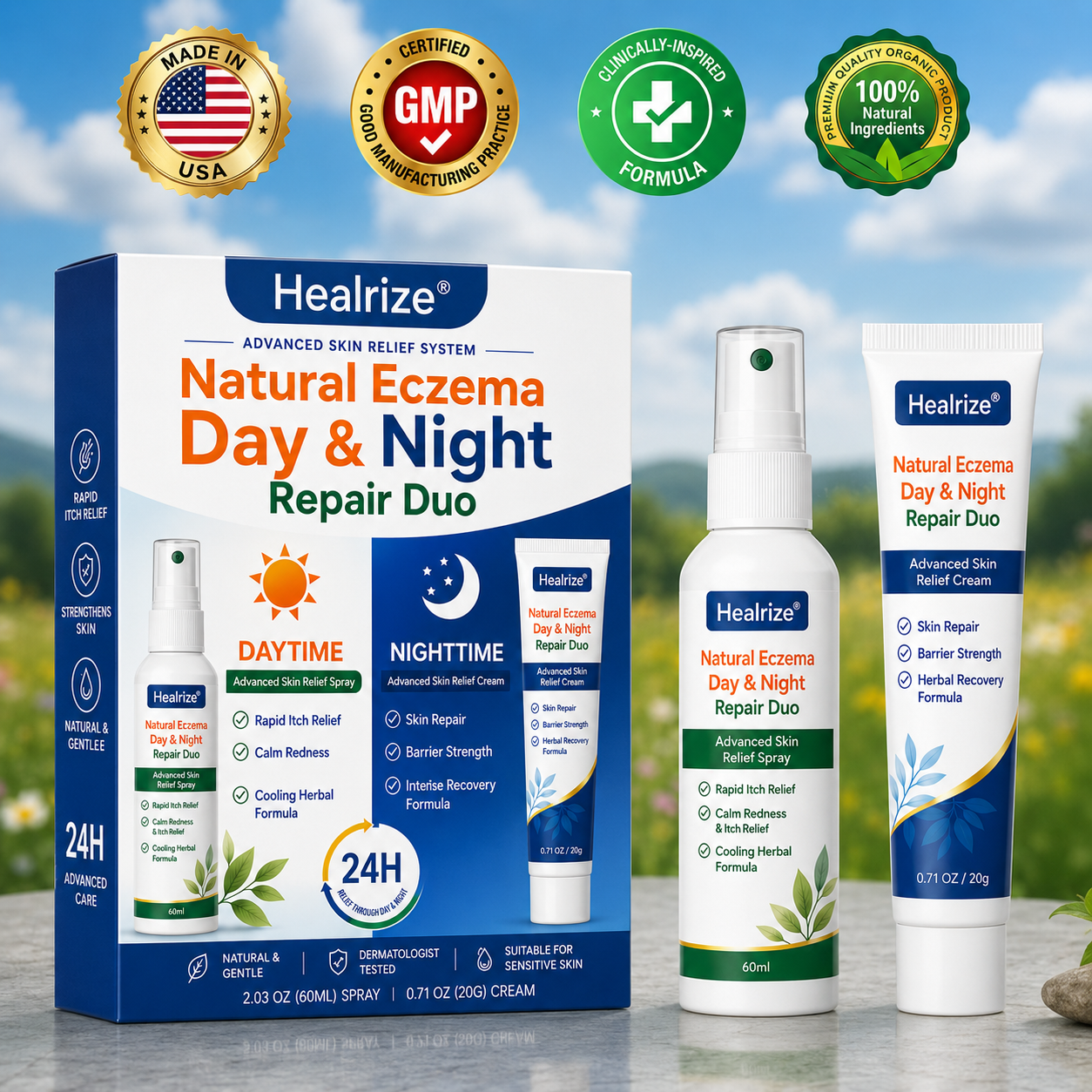 🌿🏆Healrize® Natural Eczema Day & Night Repair Duo – 100% Steroid-Free Soothing for Intense Itch & Barrier Repair